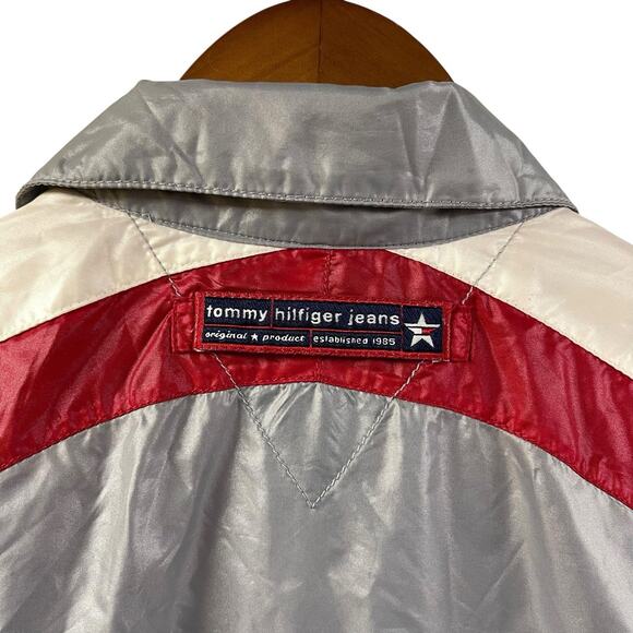 Tommy Jeans Jacket Unlined Windbreaker Large Vintage Silver Blue Red Nylon - Picture 8 of 8